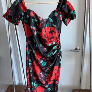 ASOS Tall - Red/Black Flower Stretch - Off-Shoulder Dress - Size US 10 tall